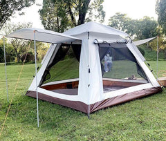 Cort camping automat 215 X 215 X 145CM 3-4 persoane, impermeabil, protectie UV, 4 usi Maro