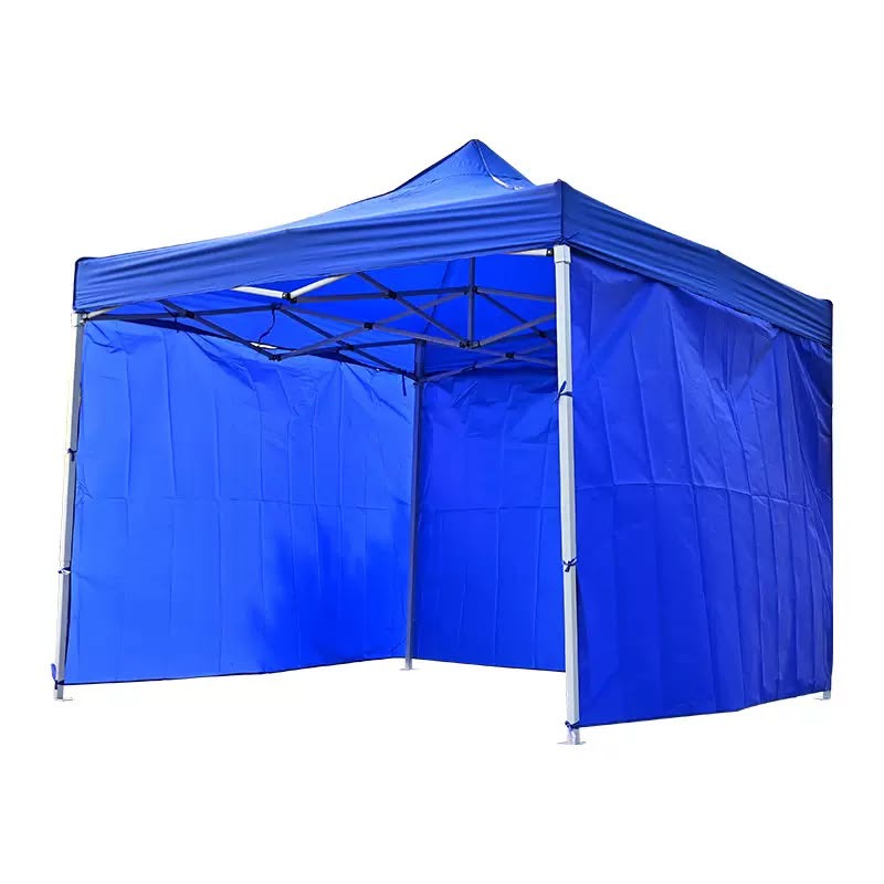 Cort pavilion 3x3m cu 3 pereti laterali si acoperis, cadru pliabil, panza impermeabila albastru