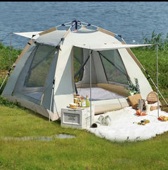Cort camping automat  215 X 215 X 145CM 3-4 persoane, impermeabil, protectie UV, 4 usi Maro