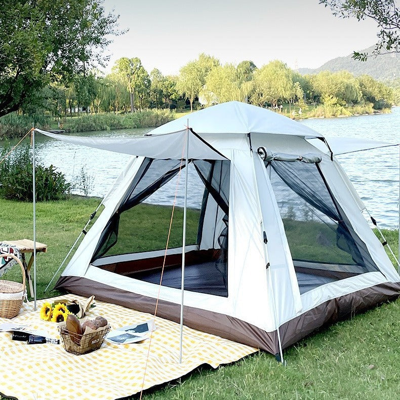 Cort camping automat  215 X 215 X 145CM 3-4 persoane, impermeabil, protectie UV, 4 usi Maro